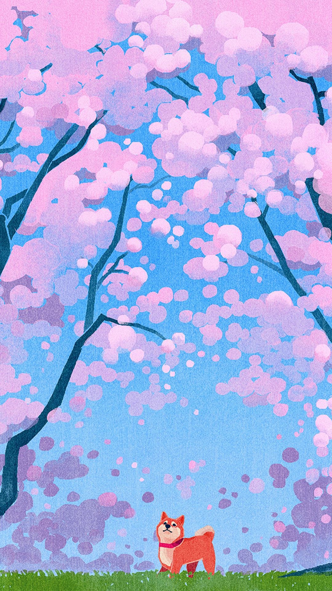 桜と柴犬 春のイラスト壁紙 Iphone Wallpapers
